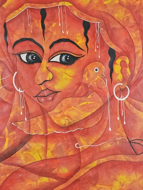 Original Illegibly Signed Painting 21.75x17.5 Framed Abstract Goddess & Bird Art gallery