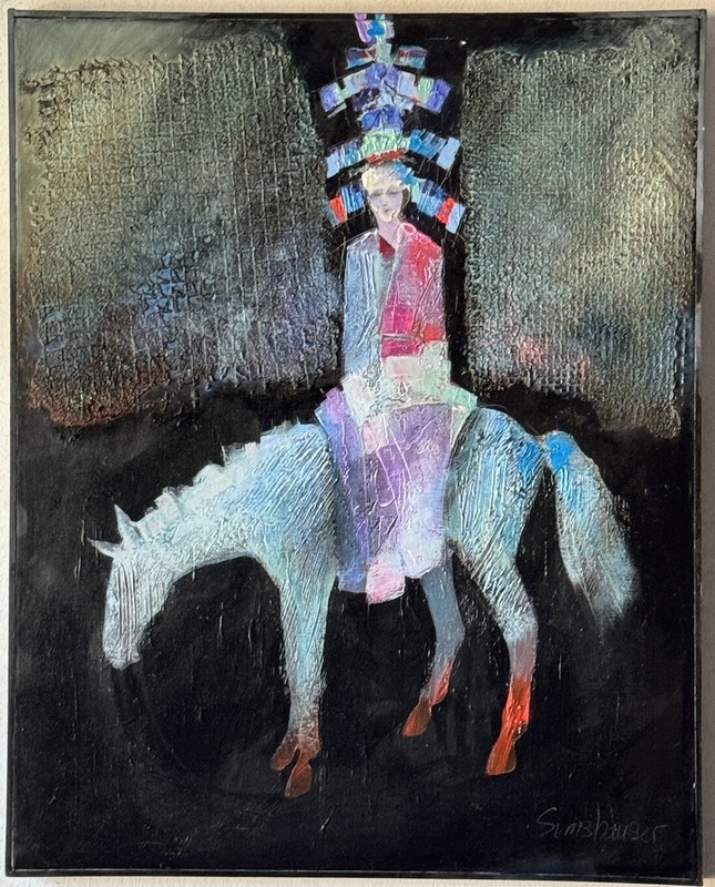 DUANE SIMSHAUSER VINTAGE MODERN ABSTRACT MIXED MEDIA HORSE RIDER OIL PAINTING