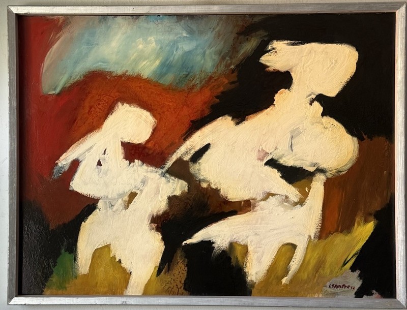 LEON SAULTER ANTIQUE MID CENTURY MODERN ABSTRACT OIL PAINTING OLD VINTAGE 1962