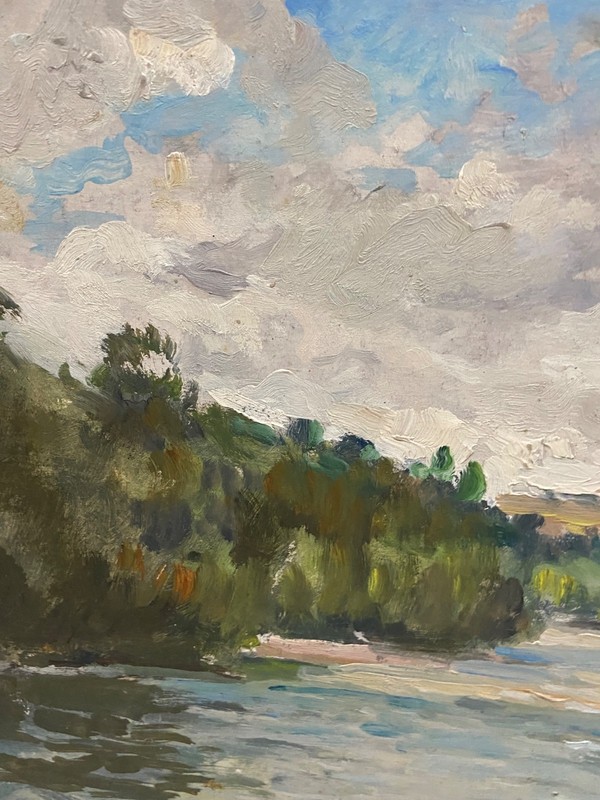 vintage oil on card board man fishing in imptessionist gallery
