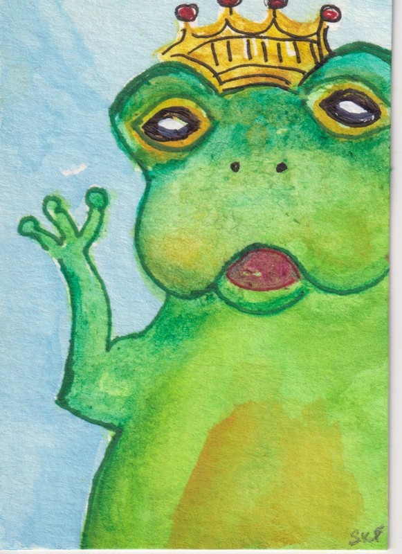 ACEO Original Adorable King Frog Watercolor Painting, Sharon Foster Art