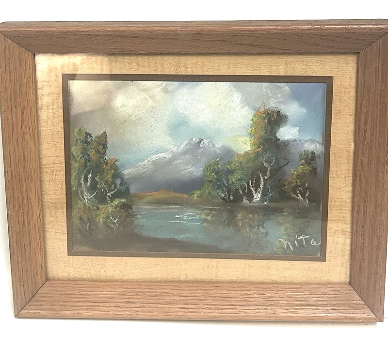 ANTIQUE FRAMED ORIGINAL PASTEL PAINTING SIGNED by NITA – 7″ X 5» LAKE SCENE