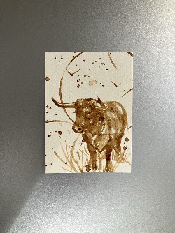 ORIGINAL Coffee Cow Miniature Realism Painting ACEO Western ATC Art Gift USA