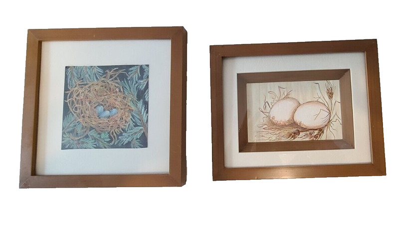 2 VTG Pastel/Pencil Painting Picture Eggs Chicken nest Wall Art SIGNED Farmhouse