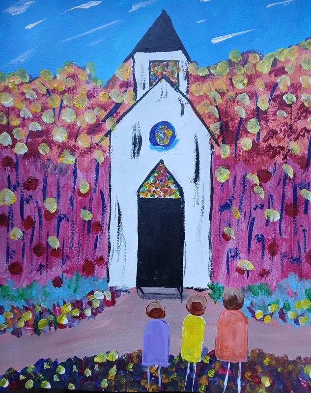 Impressionism 11X14 Going To Church Handmade Colorful Painting Matted to 16×20