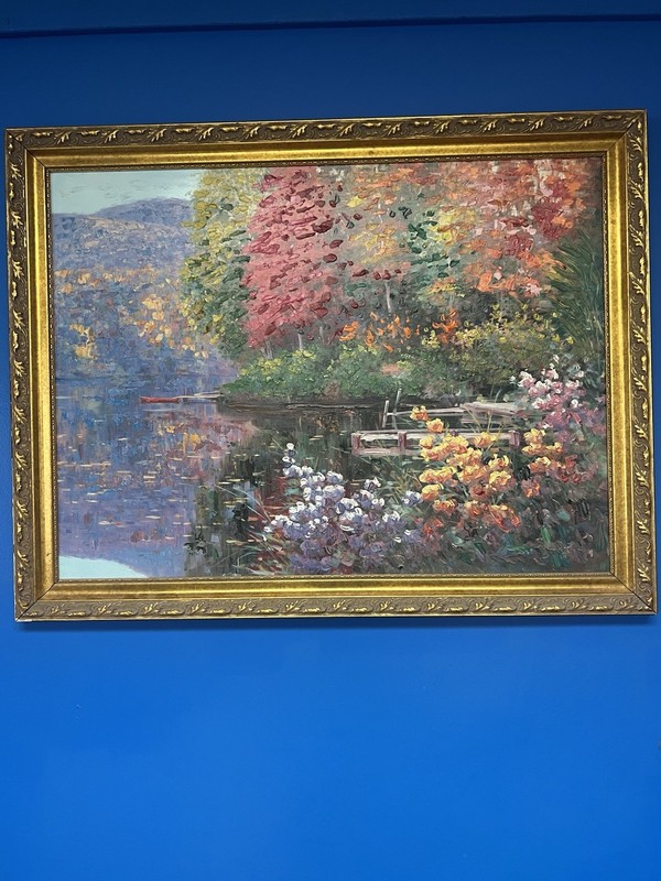 Large Impressionist Landscape Oil Painting Lake Garden Scene Framed 28×36