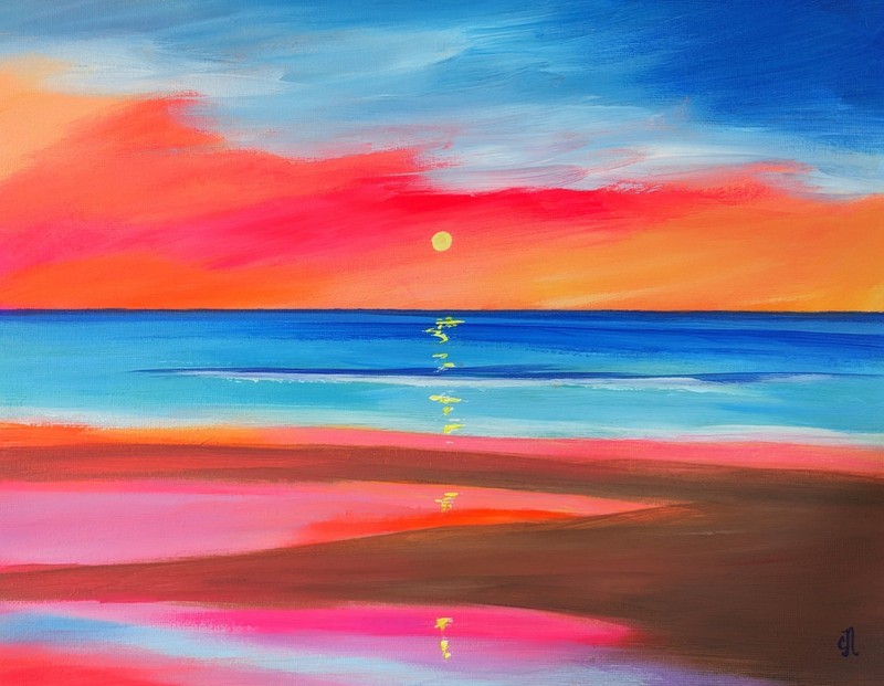 Original Painting. Hand-Painted Canvas. Beach Sunset. Ocean Art. 11×14″ OOAK