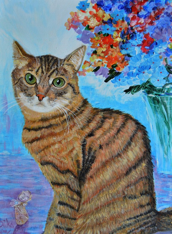 Tabby Cat and Wildflower Painting Original Art 12×16” Cute Kitty Canvas Wall Art