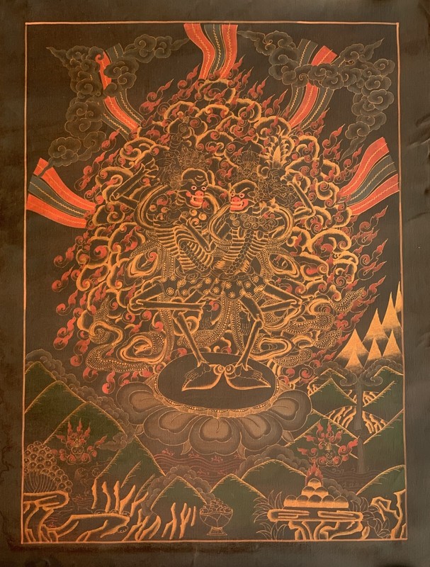 ORIGINAL HAND PAINTED CITIPATI/ DANCING HAPPY SKELETON TIBETAN THANGKA PAINTING