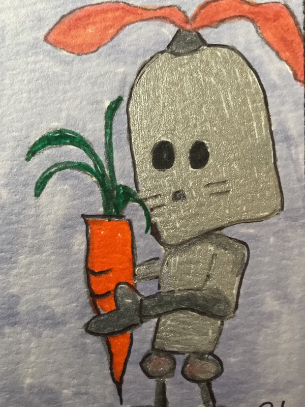 ACEO watercolor art by PJ, art card 2.5 x 3.5: easter bunny bot.