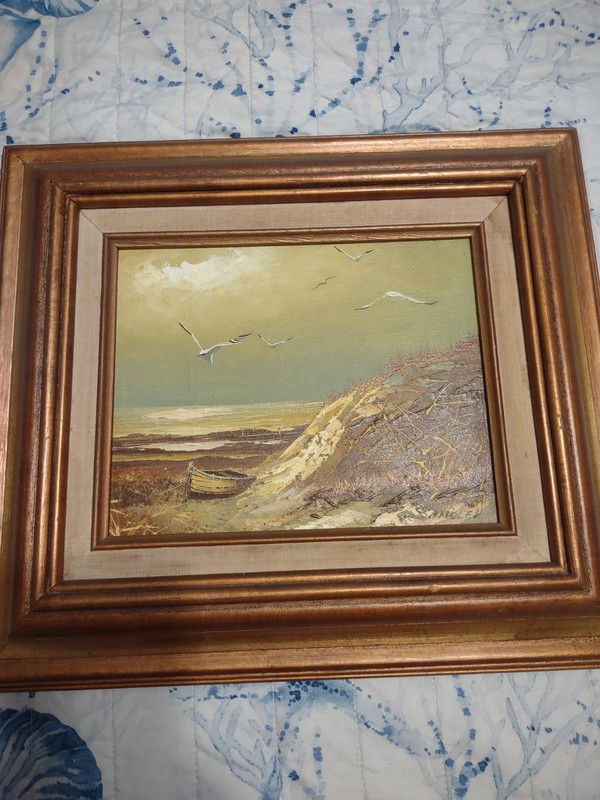 Original Oil Painting by SANDLER Seascape Shoreline 1970s Framed & Signed 17×14″