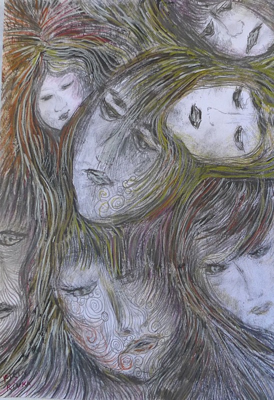 ORIGINAL FEMALE DRAWING 13 X 9 INCH BROWND BLACKS PENCILS BY RIVKA FILIIN gallery