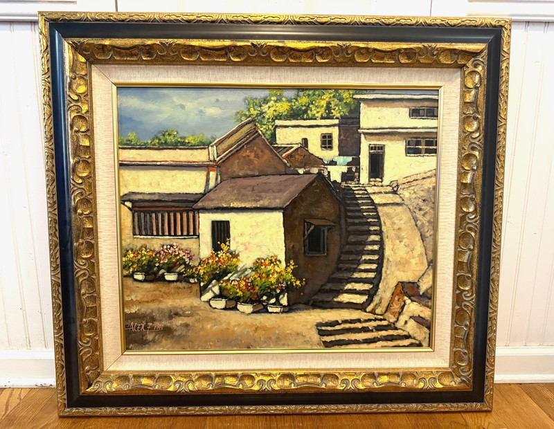 1999 Large Vintage Taiwanese Juifen City Landscape Painting, Signed Alex