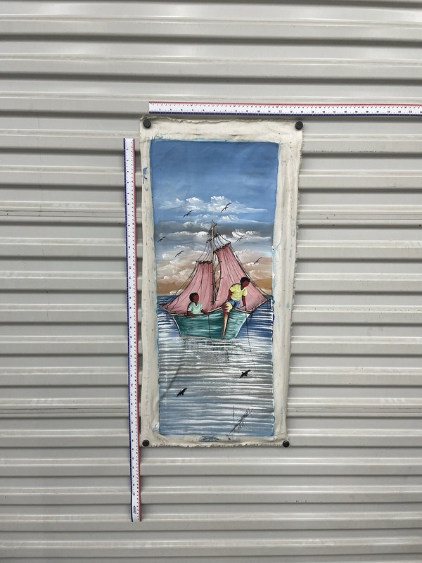 Original Haitian oil hand painting 12in x 29in sailboat fishing ocean gallery