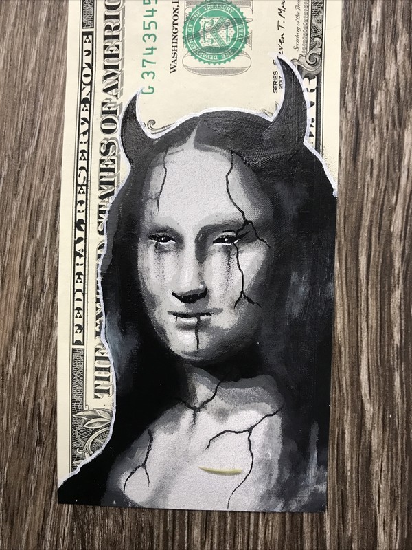 Evil Mona Lisa 1 Dollar bill Original painting Graffiti Art Street Art Tattoo gallery