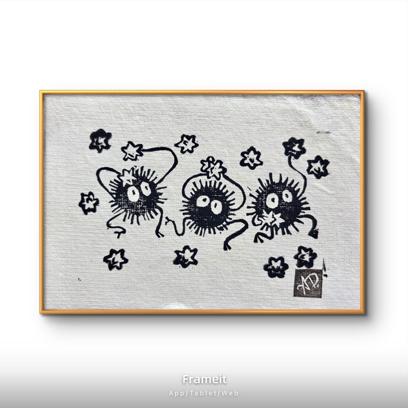 Original Soot Sprites 2 Linocut Hand Printed by Dyer- Mini Art 4×6 in. Ghibli