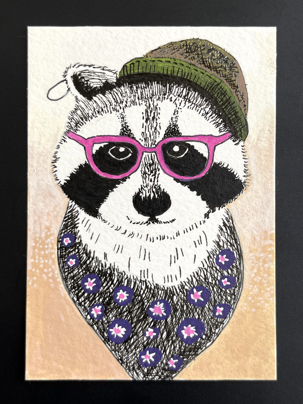 ACEO Original, Abstract Animal Raccoon, Mini Art Painting, by Annibbie