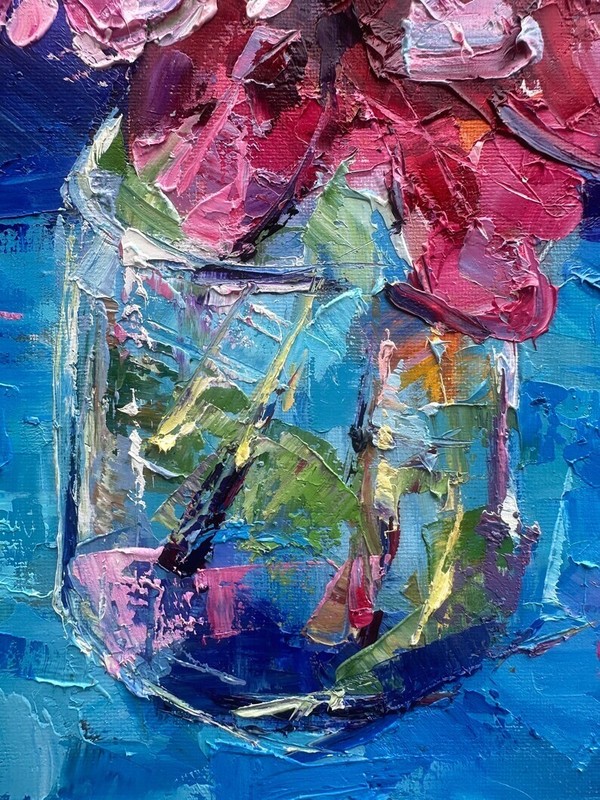Floral Pink and Red Roses Flowers in a Glass Vase Oil Painting Canvas 20x16 Inch gallery