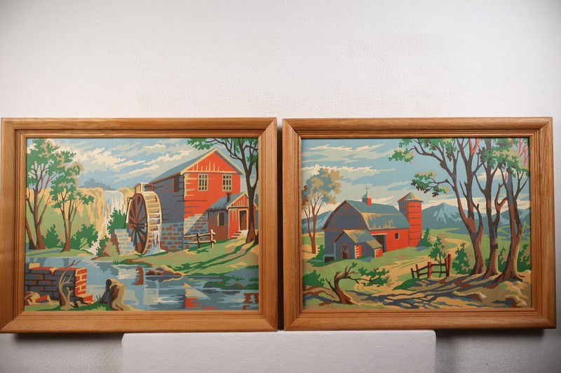 Vintage Paint by Number «Red Mill & Winding Road» Framed 1950s Set of 2