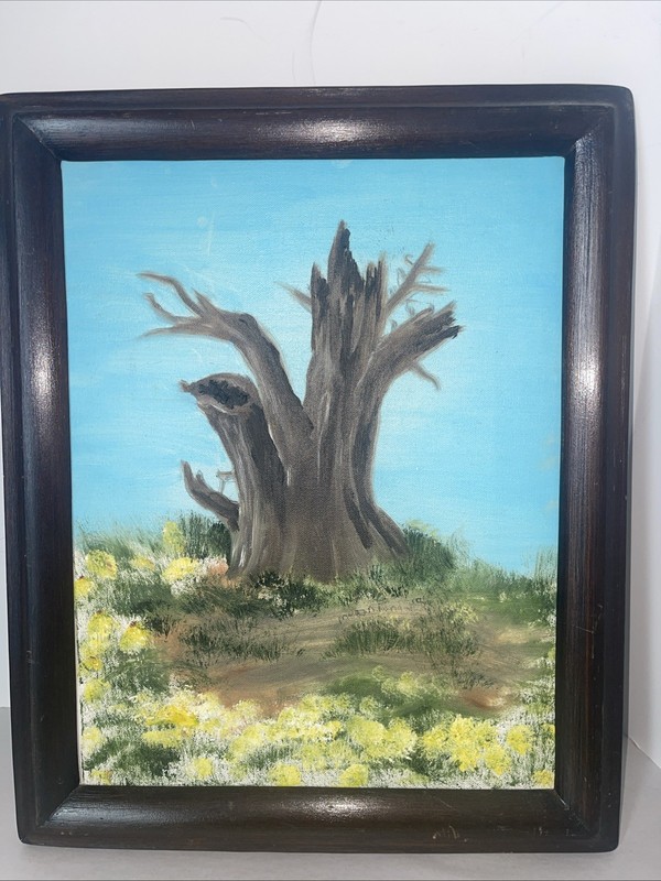 Vintage Oil Painting Tree Landscape Meadow Flowers Rustic Framed 13×16