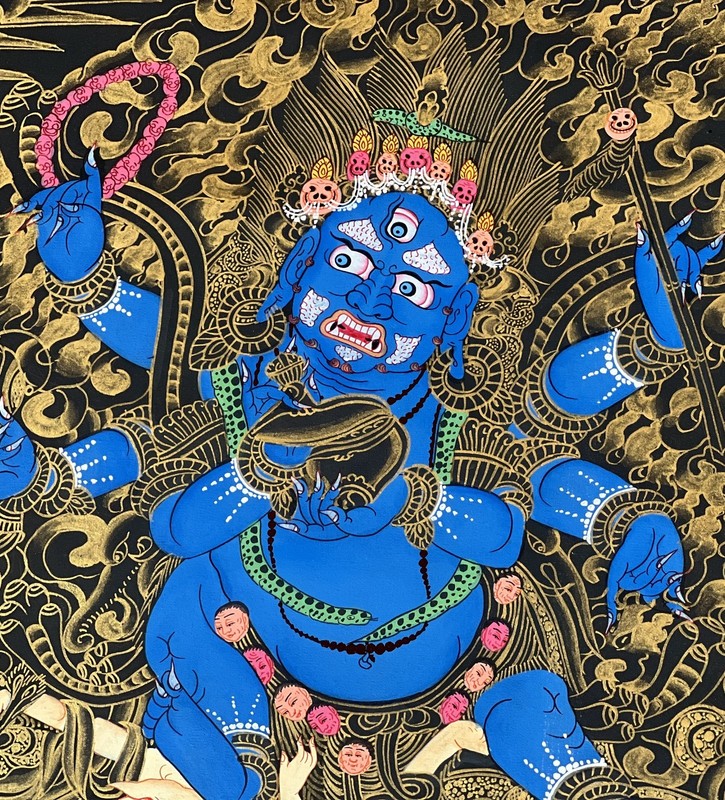 6 ARMED MAHAKALA PROTECTOR GOD ORIGINAL BLACK AND GOLD TIBETAN THANGKA PAINTING gallery