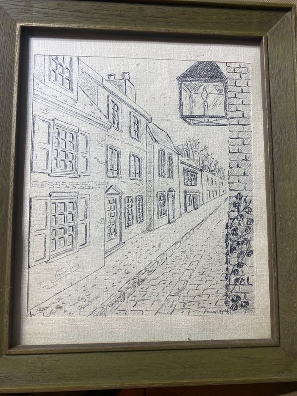 Mary E Wells 1972 «City Street Scene» Pen And Ink Drawing – Signed And Framed