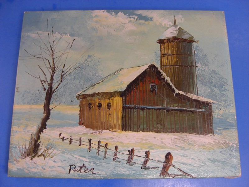 Aged Old Barn & Silo Rural Winter Scene Landscape Signed Oil On Canvas Painting gallery
