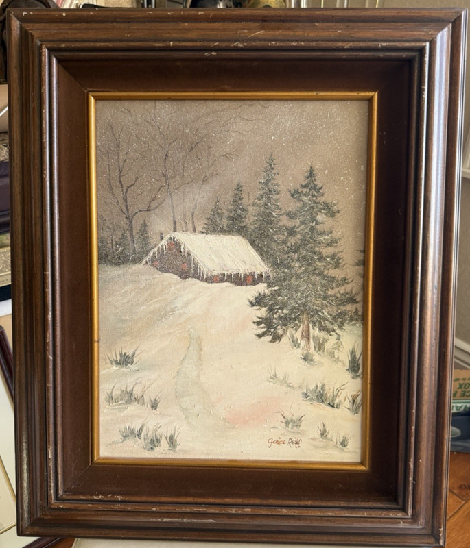Vintage original oil painting – snowy winter landscape, signed Janice Reiff