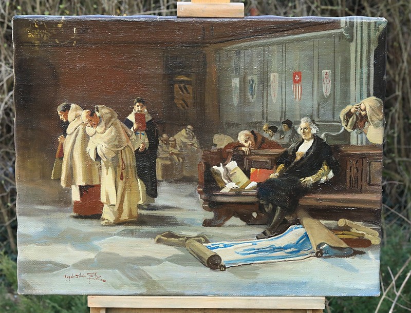 Angelo Silvio Galli Historical Scene Church Monks Oil Painting On Canvas Signed