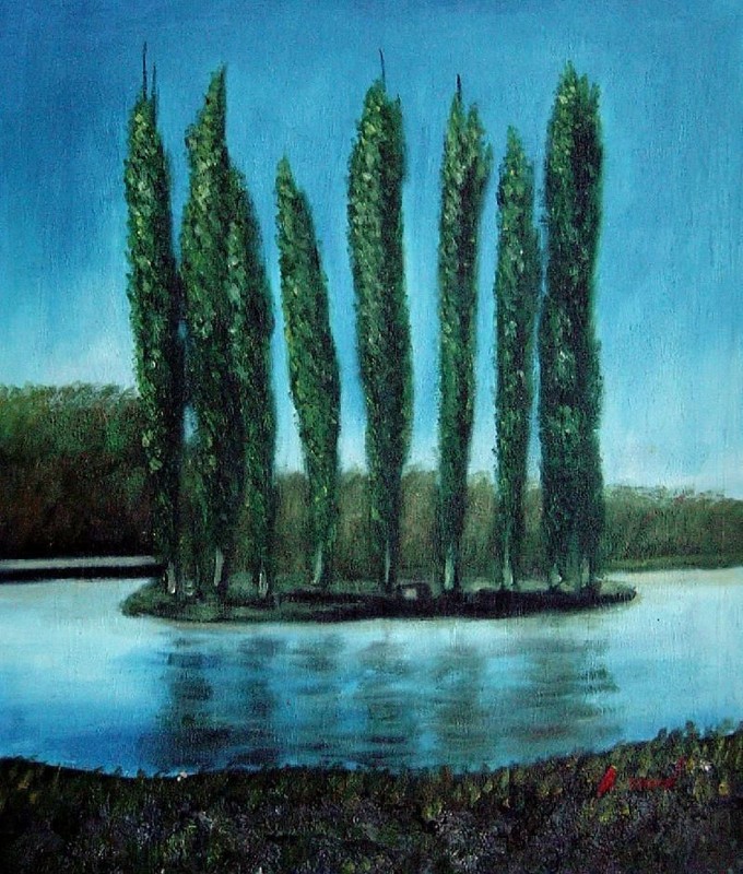 24×20 Tall Trees in center of Water Oil Painting Naturalism Landscape River Lake