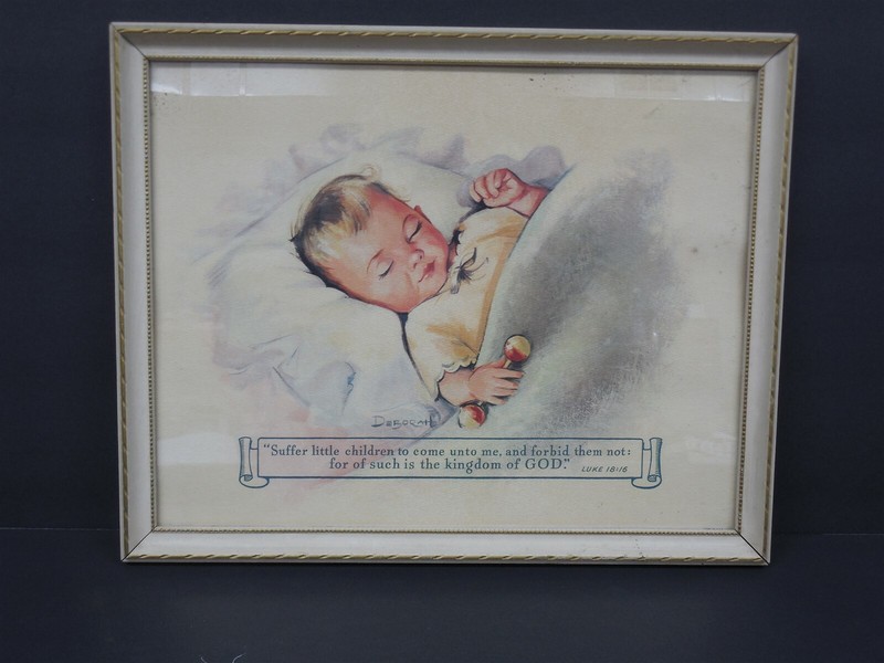 Vintage Framed Sleeping Baby with Rattle Picture