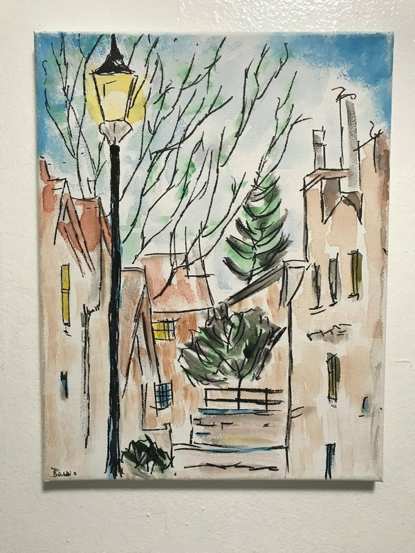 Seasoned Art City life street lamp nature trees park walk hand painted canvas