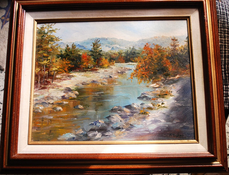 Original Art Painting OIL ON CANVAS Signed M.BAKER Framed AUTUMN MOUNTAIN STREAM
