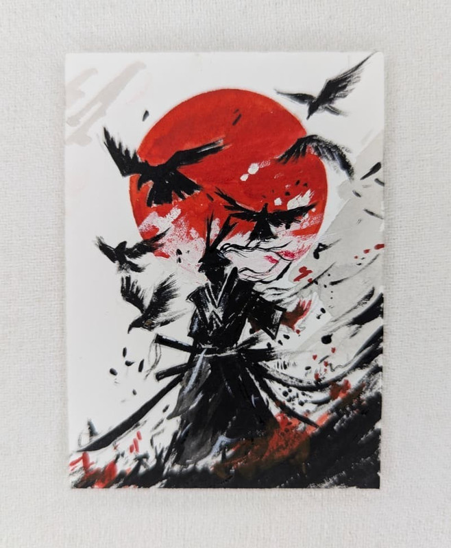 Original ACEO Acrylic Painting OOAK Samurai Crows Red Sun Abstract Japanese Art