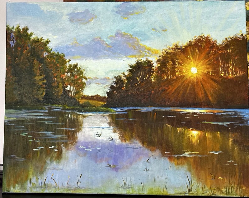 Original Oil Painting On Canvas «Sunset On The Lake» 20”x16”