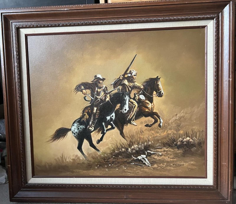 John J Stanford Oil on Canvas Cowboys Western Scene Signed Listed Nice! gallery