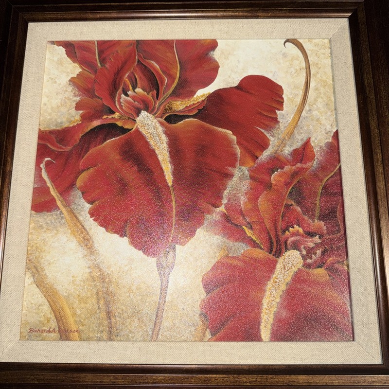 Red Iris by Richard Henson Painting 12×12 In a 16-17in Frame