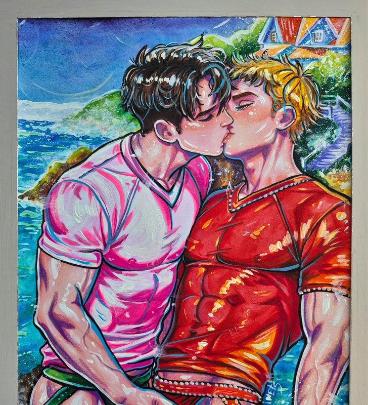 Original LGBTQ Artwork Gay Couple Kiss Seaside Painting A4 Male Romance OOAK