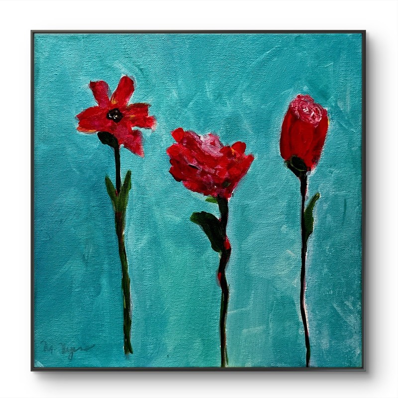 Mary Myers Original Red Abstract Trio Flowers Teal Acrylic Painting 12×12