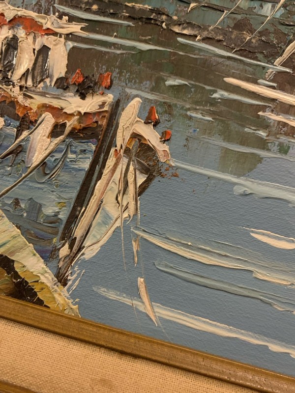 VTG Framed Oil Painting Sail Boats In Harbor Impressionist, 29x25”, Signed gallery