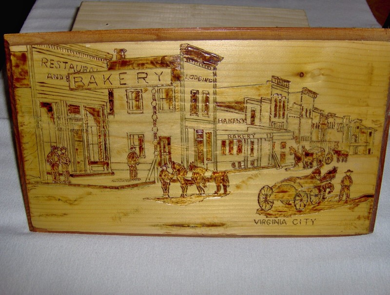 Old Virginia City Main Street Town Picture Burnt  into Wood