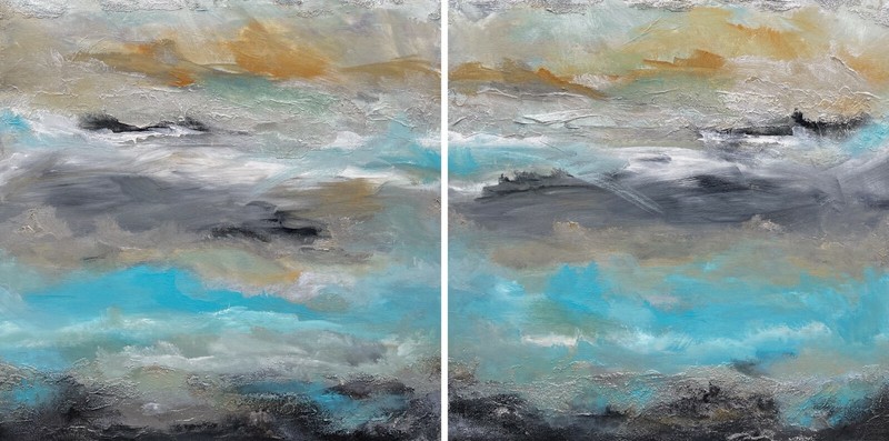 ORIGINAL LARGE SEASCAPE ART PAINTINGS modern abstract TIFFANY BLUE SILVER BLACK