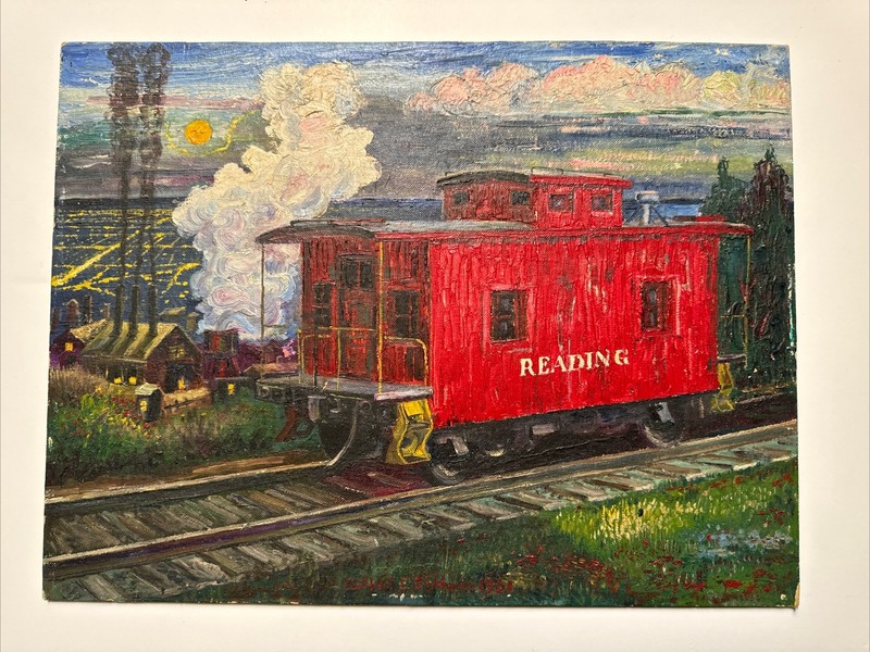 AMERICAN RAILROAD PAINTING TRAIN READING INDUSTRIAL LANDSCAPE NIGHT BALDWIN gallery