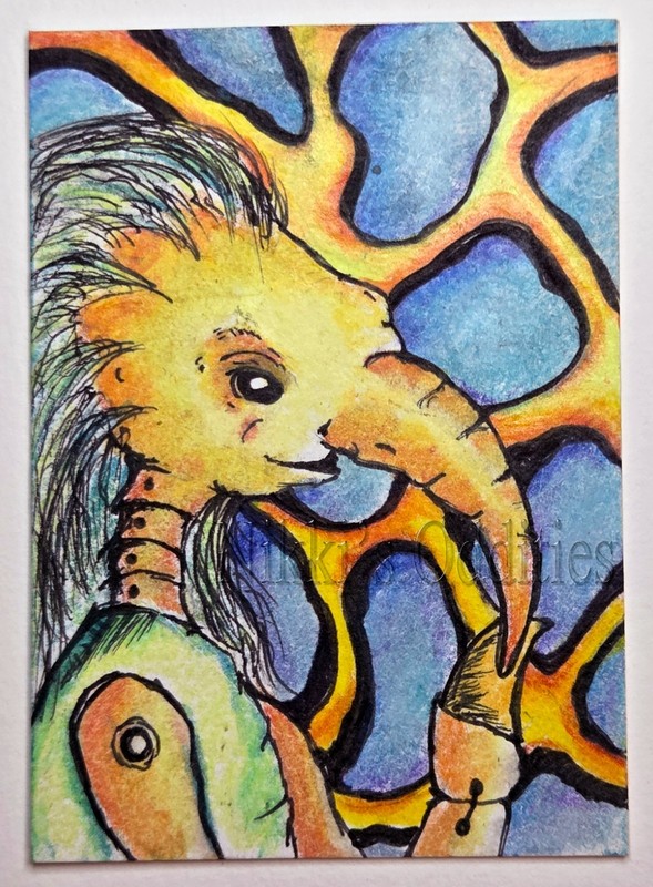 Aceo Original Drawing Odd Bird Toy Alien Creature Morphic Art Nikki C