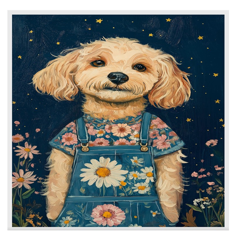 Dog in Overalls Floral Rustic Home Decor Flat Rolled, Framed or Wrapped Canvas gallery