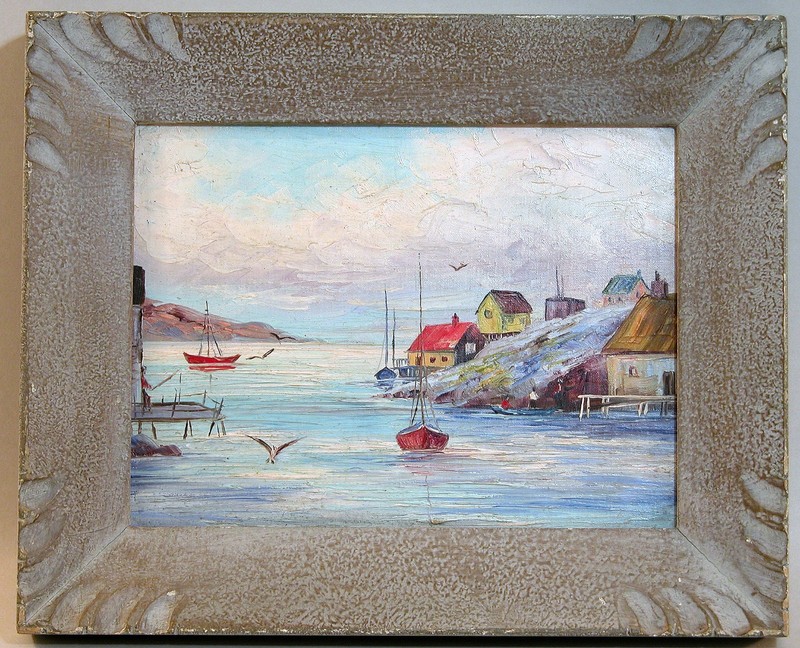 Canadian Oil Painting Marine East Coast Fishing Boats Folk Carved Frame Vintage