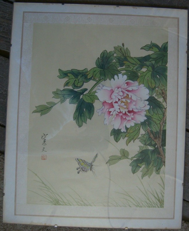 ::ILLEGIBLE SIGNED FLOWER BUTTERFLY LEAVES BRANCH GREEN PINK GRASS ANTIQUE