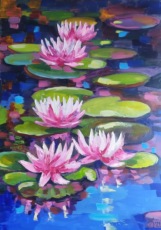 oil painting on panel with pink water lilies handmade original art 12 x 16 inch