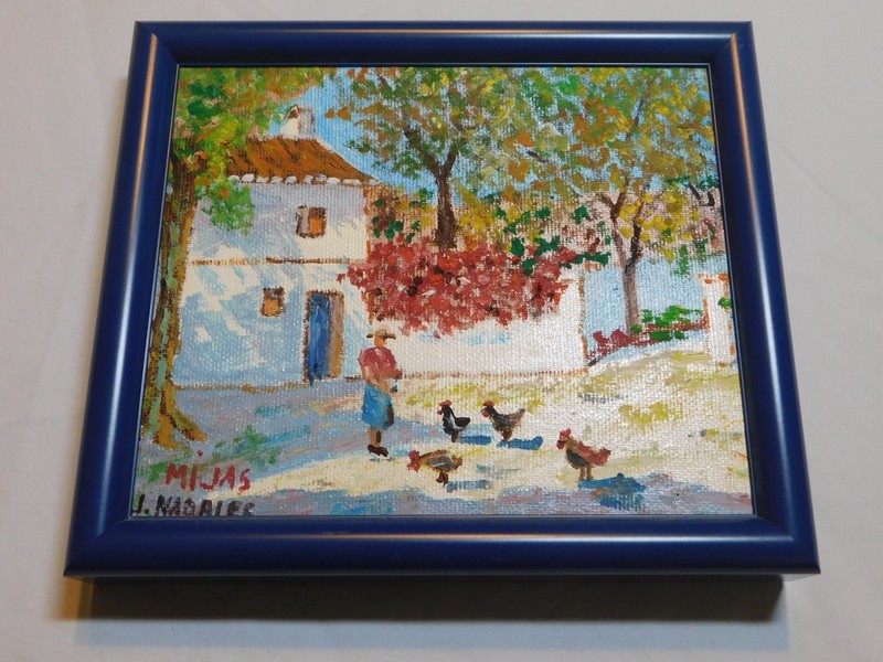 VTG OIL PAINTING IMPRESSIONIST SPANISH VILLA PERSON CHICKENS SCENIC SMALL FRAMED