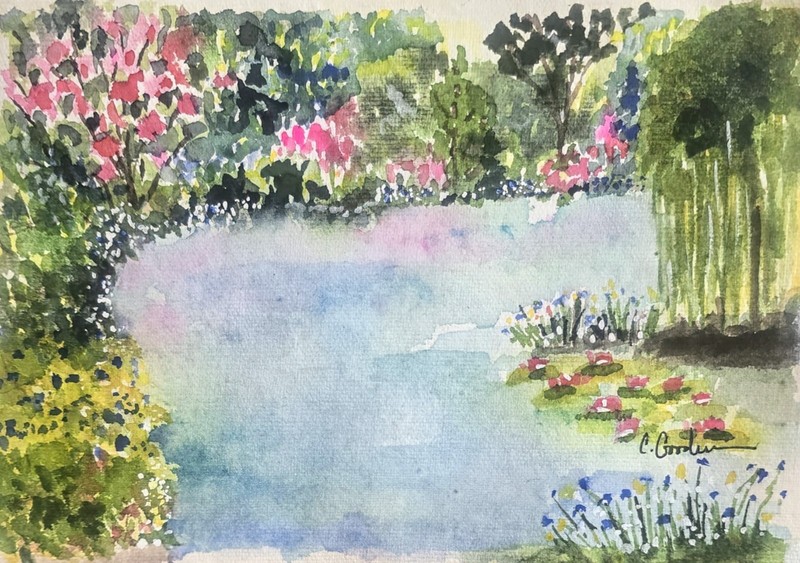 Original Signed Watercolor Painting. Landscape. Wildflowers. Pond. Roses.willow gallery